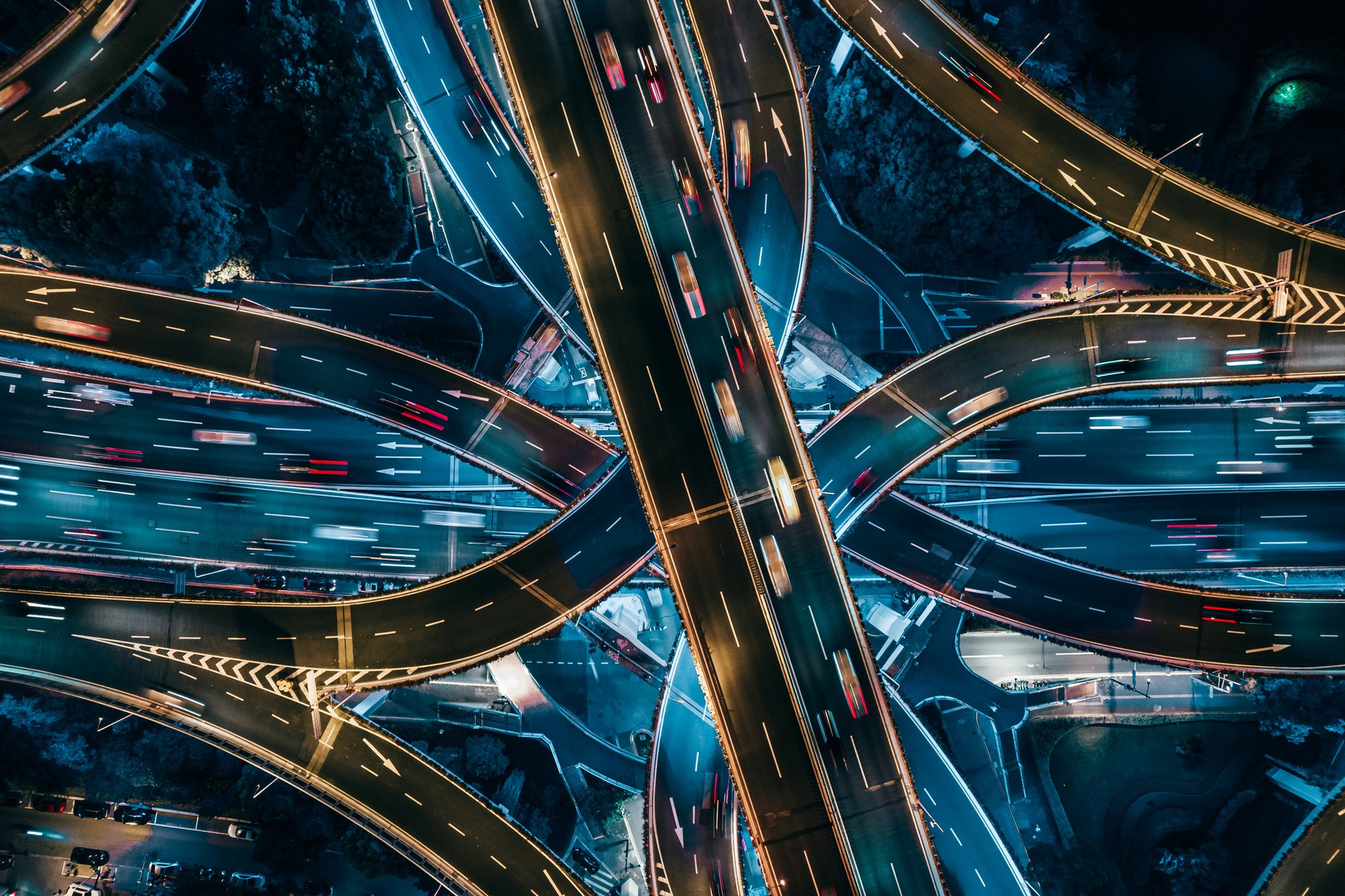 Top View of Overpass and Road Intersection at Night