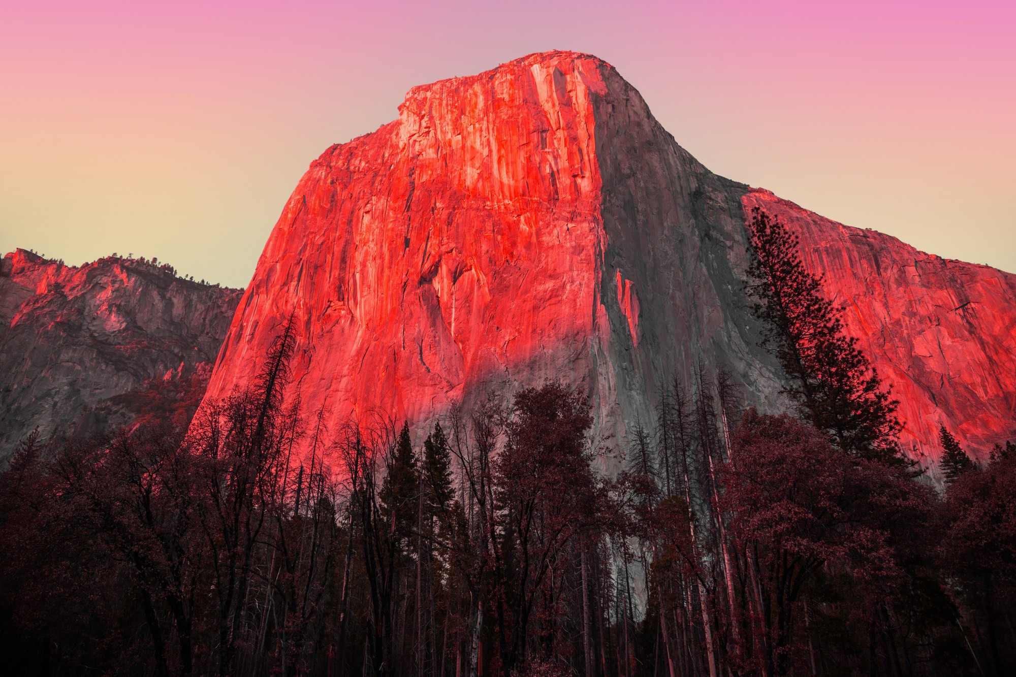 Surreal colorful picture of the El Capitan granite vertical rock at sunset with vivid colors.