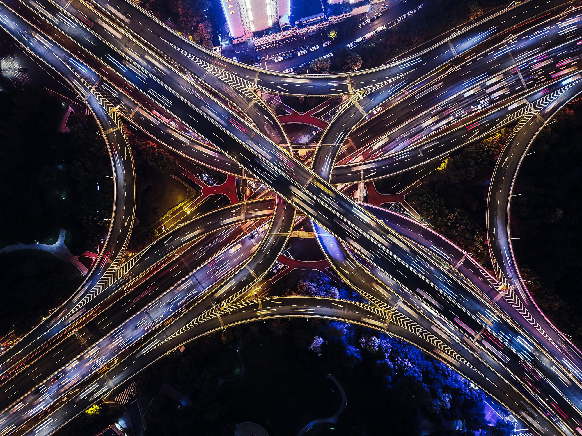 Top View of Overpass and Road Intersection at Rush Hour