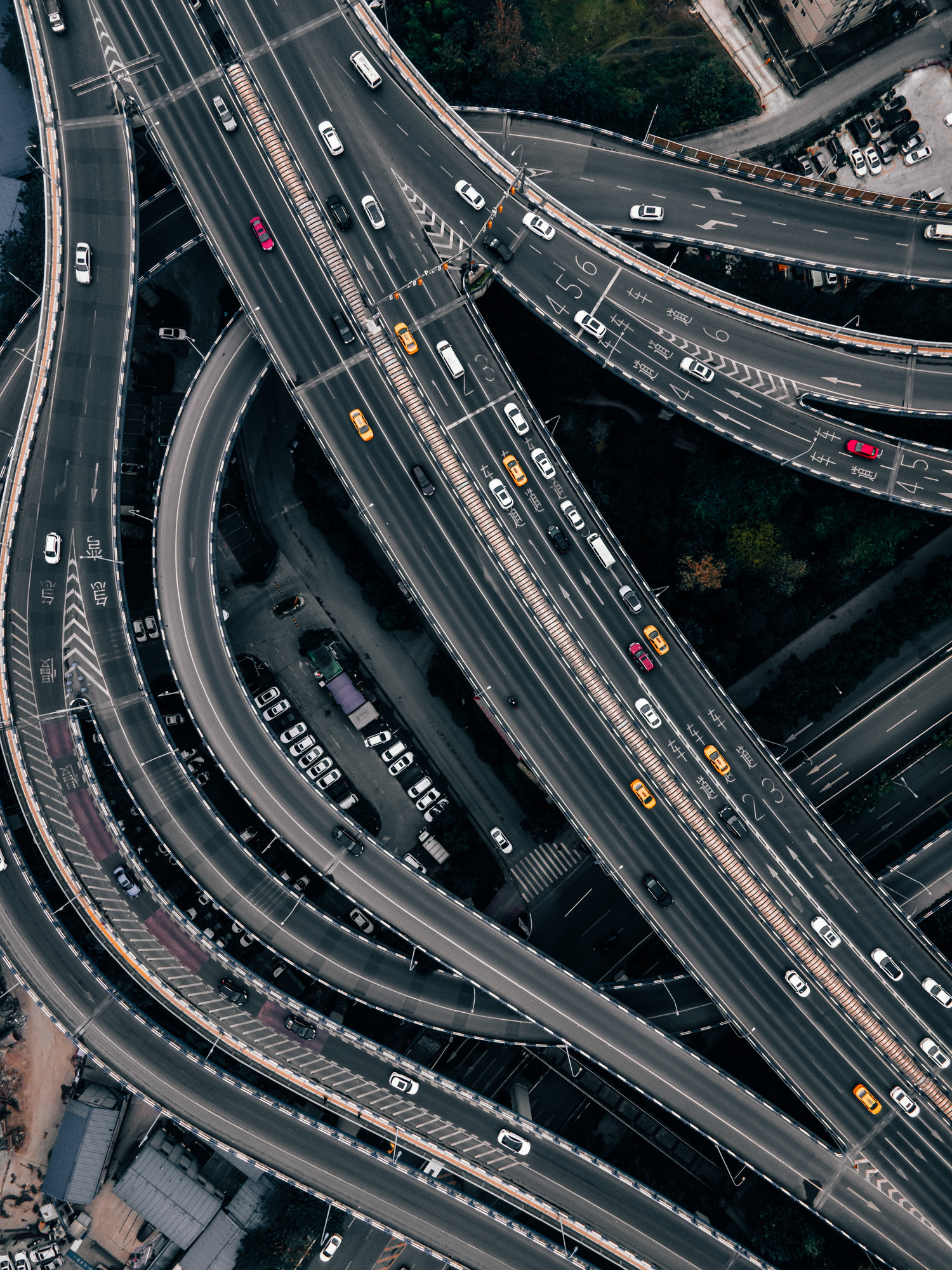 Top View of Road Intersection and Busy Overpass
