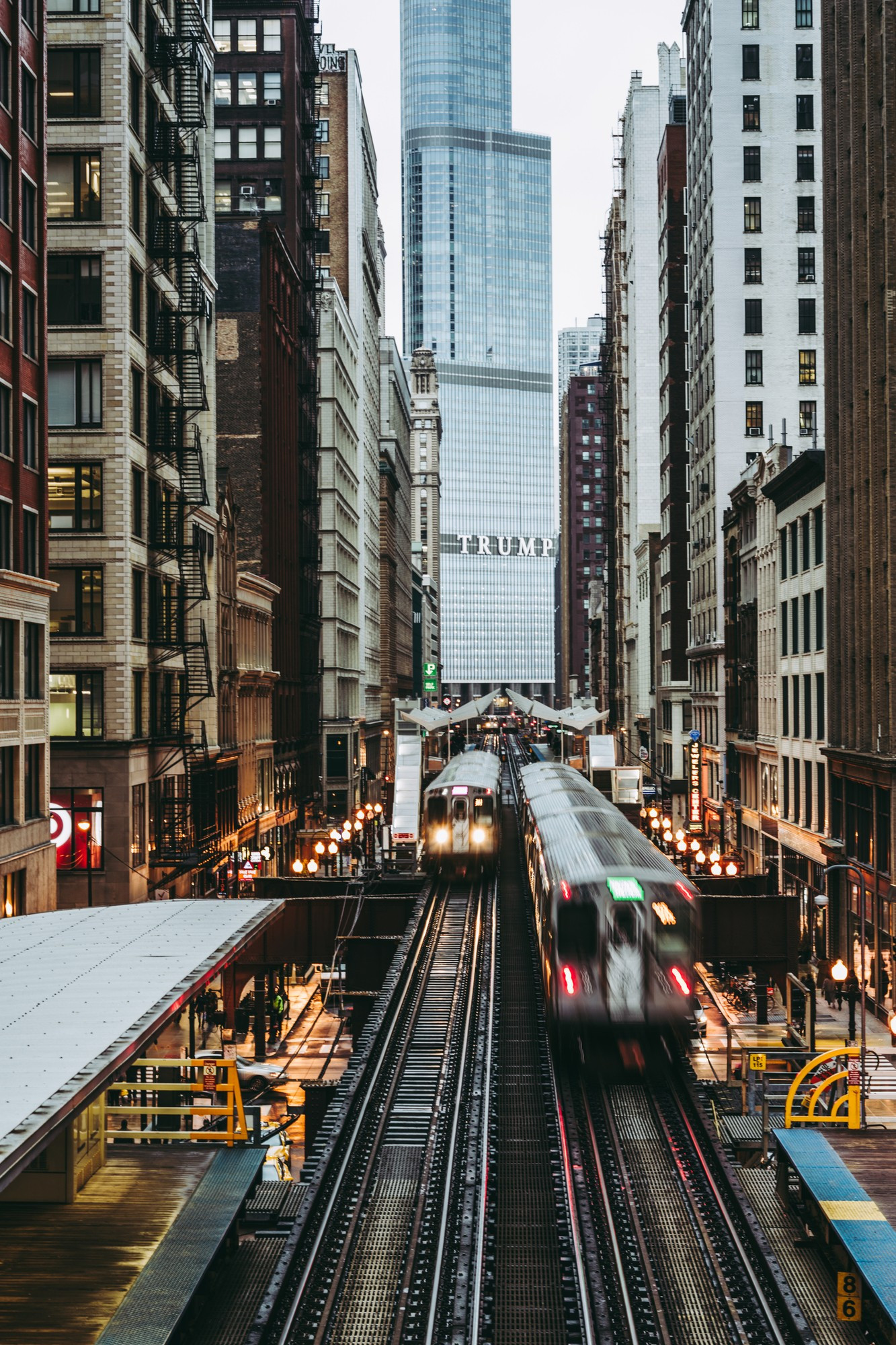 Trains Passing over the Tracks in Downtown Chicago