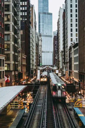 Trains Passing over the Tracks in Downtown Chicago
