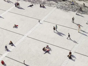 people in city seen from above, aerial